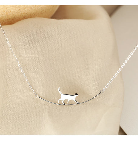 Cute Walking Cat Clavicle Chain Necklace In a Curved Shape - Sterling Silver Jewelry - jewelofkent