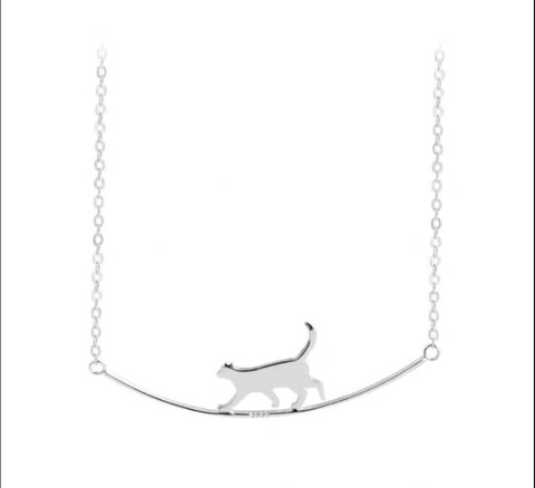 Cute Walking Cat Clavicle Chain Necklace In a Curved Shape - Sterling Silver Jewelry - jewelofkent