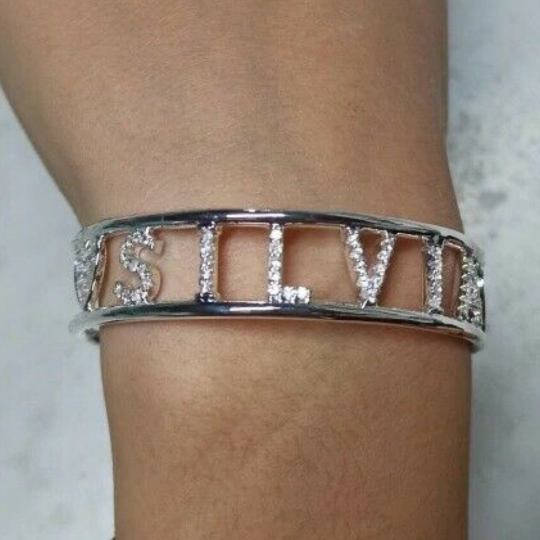 Crystal Hollow Name Bangle with stone Bar Bracelet Custom Name Personalized Bracelets Rhinestone for Actual Pictures - jewelofkent