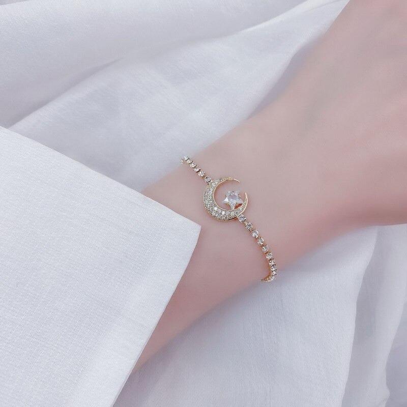 Moon and Star Angelic Adjustable Bracelet With Gold Rhinestones for Women - Ideal Anniversary, Birthday or Valentines Gift - jewelofkent