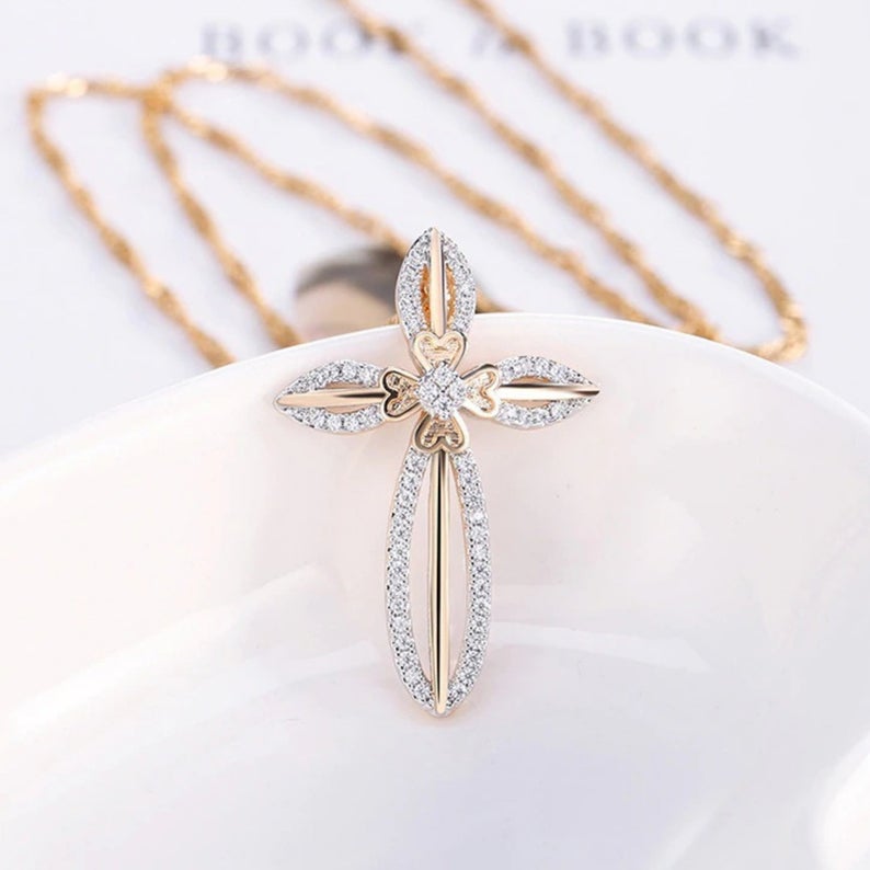 Necklace, Cubic Zirconia Gold Color Cross Necklace, Pendant Fashion Cross Woman Christian Jewelry - jewelofkent