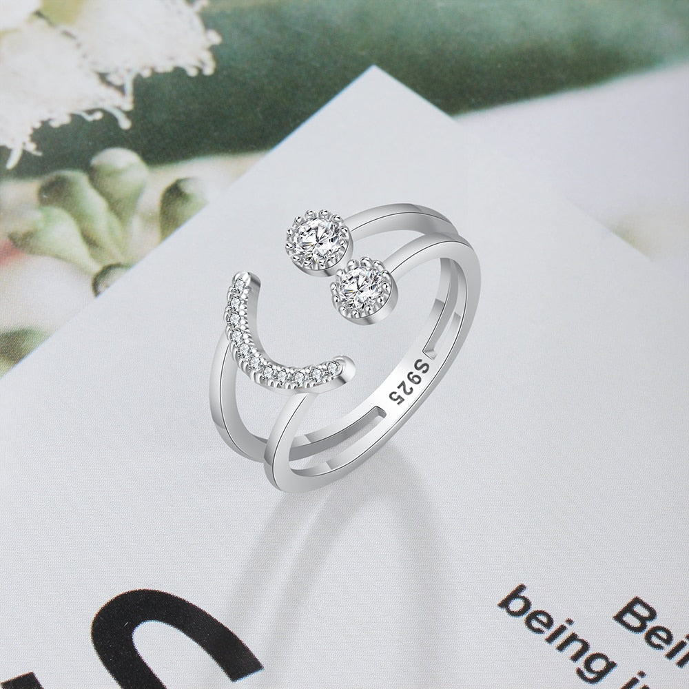 Resizable 925 Sterling Silver Ring Sparkling Cubic Zirconia Smile Face Design Adjustable Ring S925 Silver Jewelry - jewelofkent