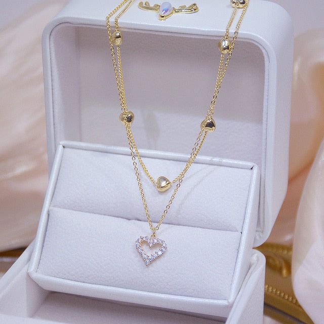 Double Layer Heart Womens Necklace with Clavicle Chain Pendant - Elegant Jewelry Charm Makes Ideal Wedding, Birthday or Anniversary Gift - jewelofkent